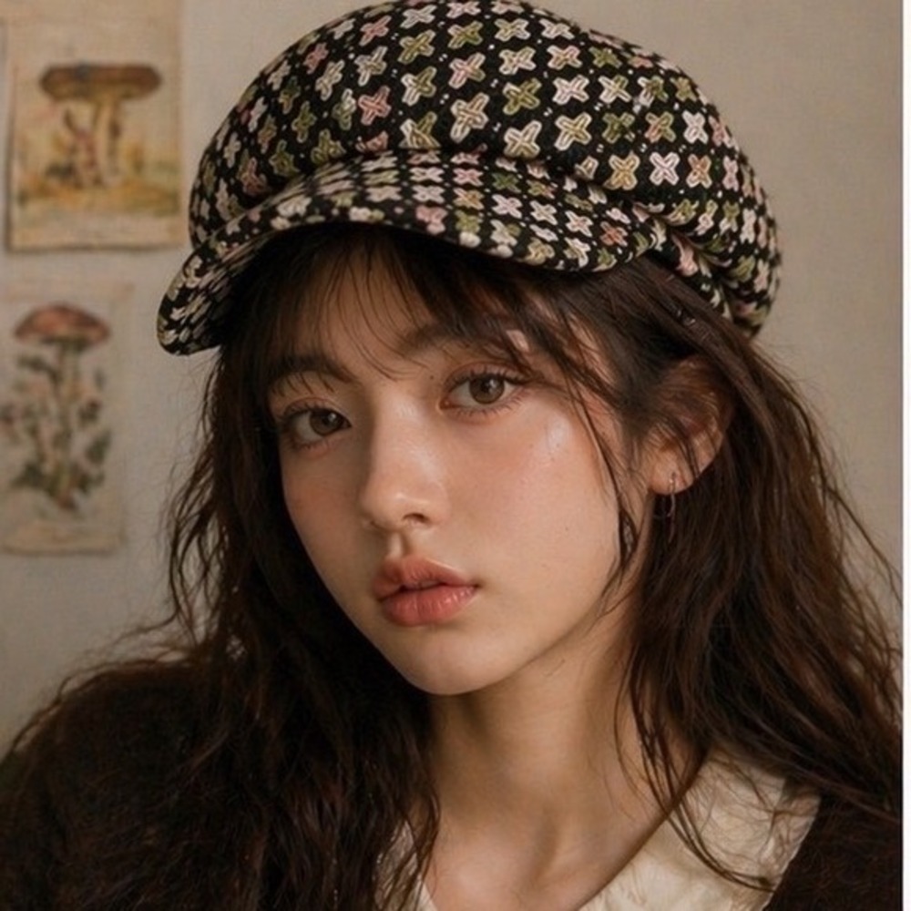 Redfish‎ Designs Women Newsboy Cap Pink Green Geometric Wool Blend Twee Preppy